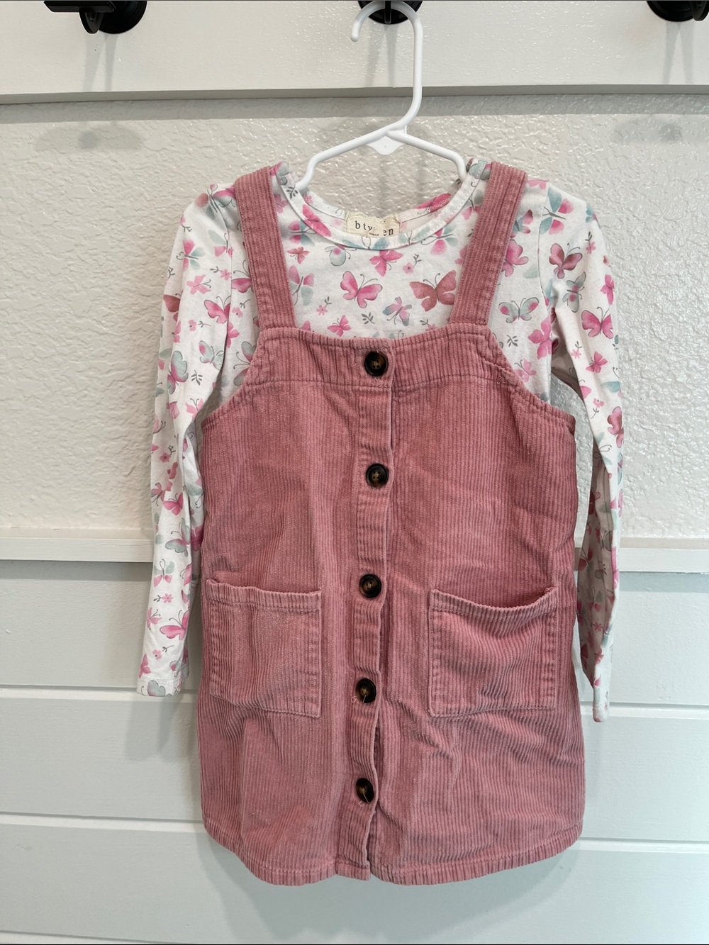 btween Pink Corduroy Pinafore Dress with Butterfly Tee